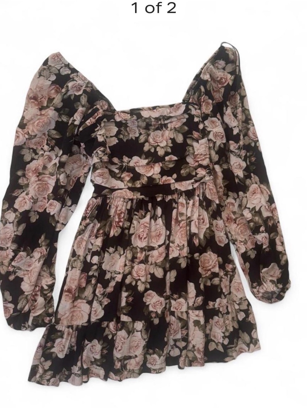 Altar'd State Black Long-Sleeve Floral Mini Dress with Pink Roses